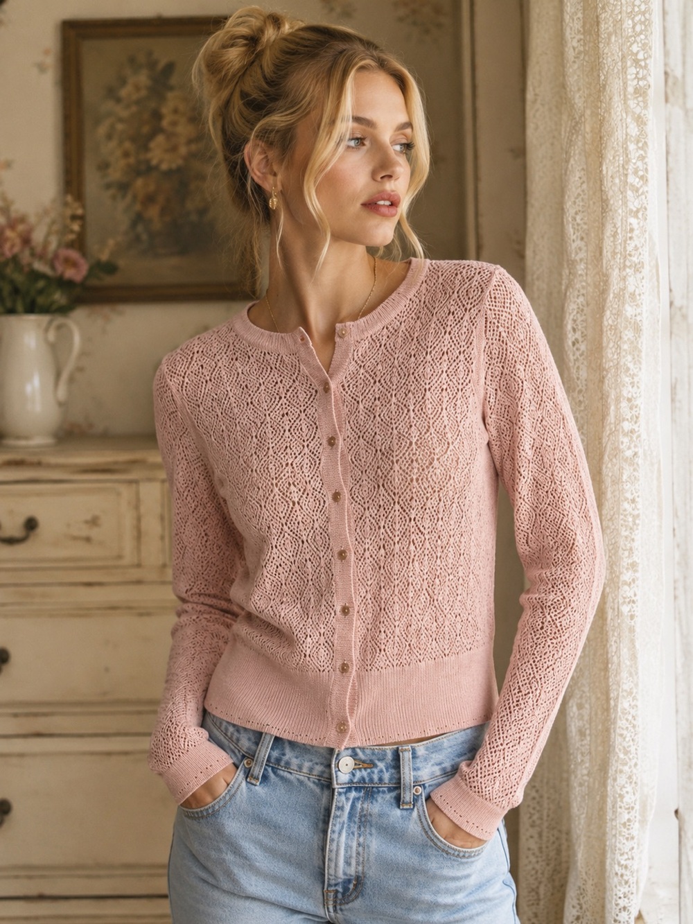 tyler böe vintage inspired light pink pointelle knit cardigan sweater size small